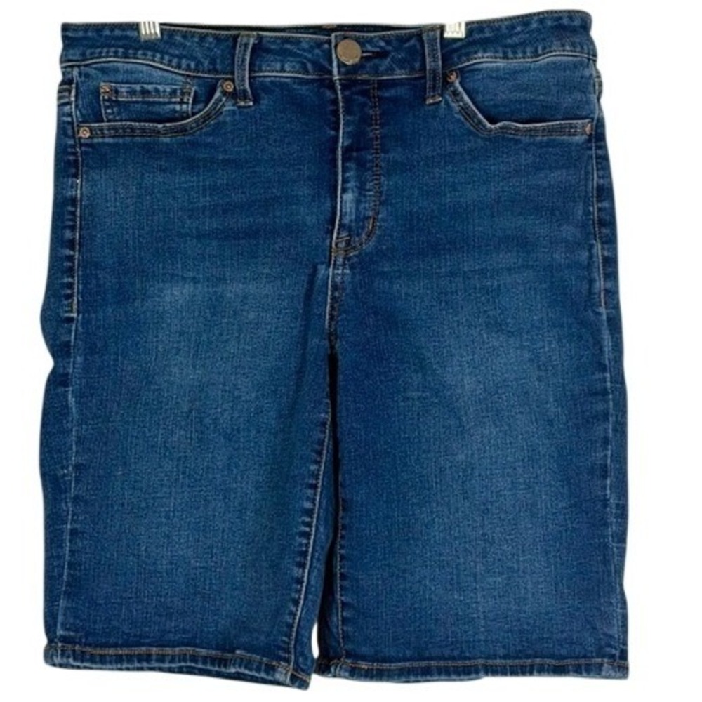 Seven7 Sunset Bermuda Denim Shorts Womens 14 Dark Wash Stretch Blue Mid Rise